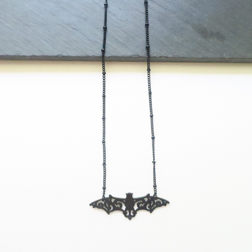 Bat Filigree Necklace Beaded Chain Long - Picture 2 of 8